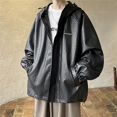 1港风连帽鳄鱼纹PU皮大码M-5XL情侣女冲锋衣夹克男JK8744P90控128，男装夹克，星座226-2