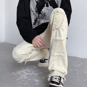 欧美vibe风直筒显瘦毛边破洞牛仔裤男ins潮牌高街白色微喇叭长裤图片