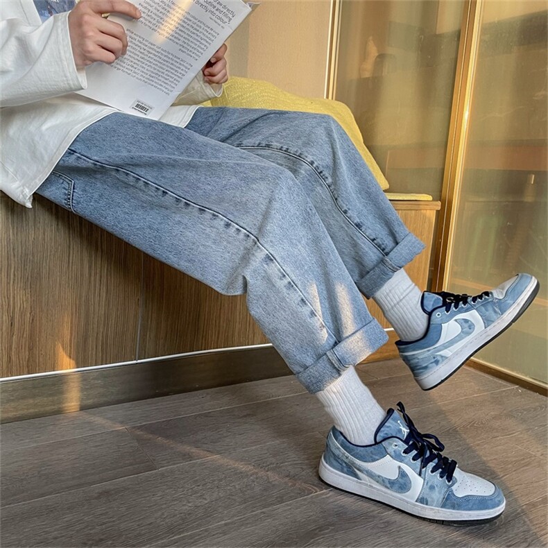 慵懒松弛感牛仔裤男款春秋季美式高街阔腿裤子潮牌百搭九分休闲裤，男装牛仔裤，电商A080