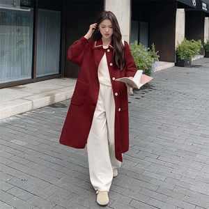 高级感双面羊毛呢子大衣女钉珠红色小香风休闲中长款韩系毛呢外套图片
