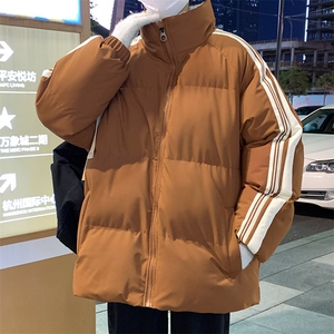 港风公版三条杠纯色棉衣新款立领棉衣男款三条杠情侣外套二开棉服