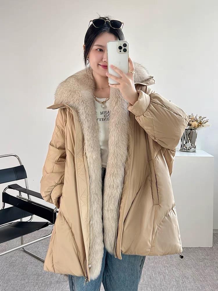 2022新款欧洲站韩版宽松可拆卸真狐狸毛领90%白鸭绒羽绒服,女装羽绒服,L·H·X