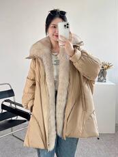 2022新款欧洲站韩版宽松可拆卸真狐狸毛领90%白鸭绒羽绒服，女装羽绒服，L·H·X