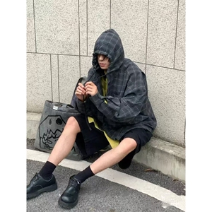 日系复古连帽夹克男女款秋季新款暗纹抗皱大格子宽松百搭潮流外套图片