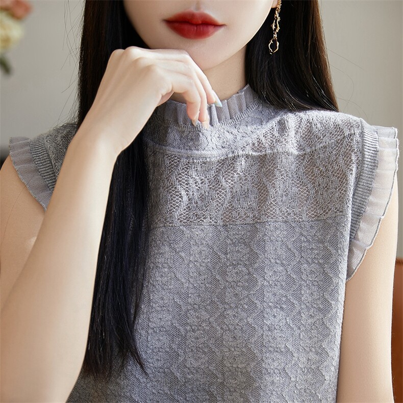 蕾丝性感吊带背心女2025夏季花边领无袖西装内搭针织衫钩花打底衫，女装T恤，暖烁羊绒