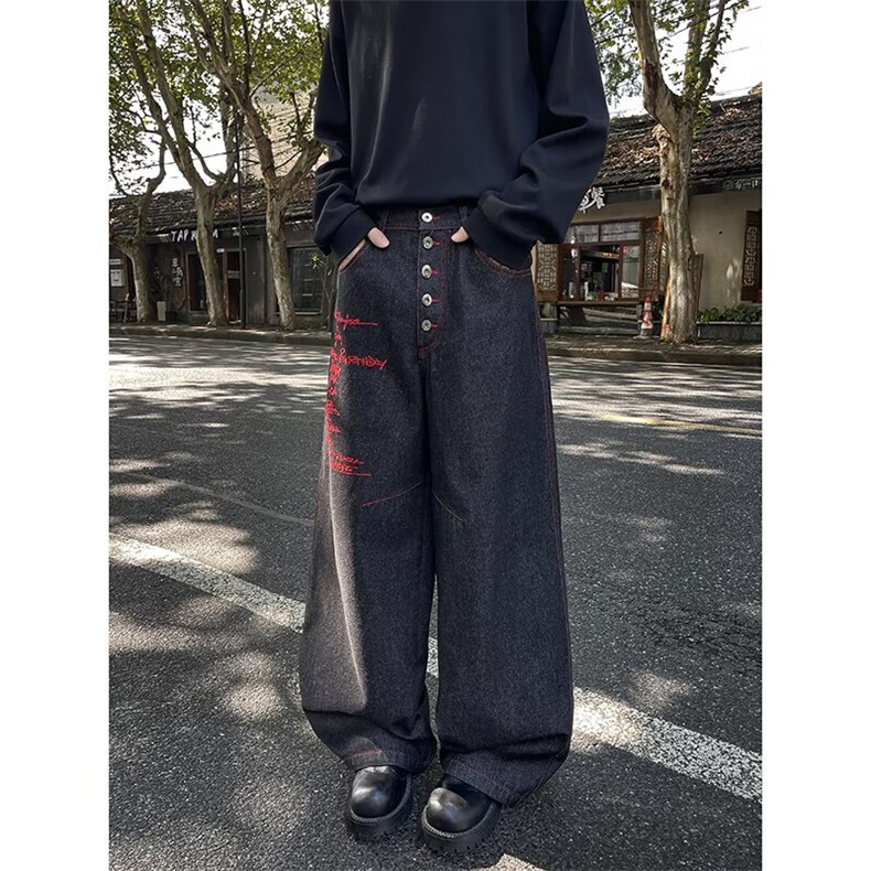 B386-P50牛仔裤女2025秋季美式复刺绣宽松直筒休闲阔腿长裤子,男装牛仔裤,电商B323A