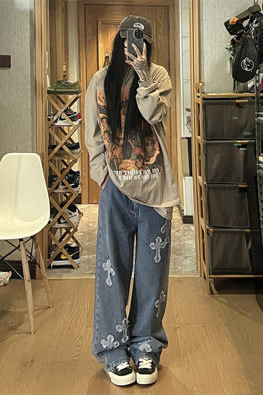 2026秋季新款美式十字架贴布刺绣牛仔裤女模XZ604-KN08-P65控78,男装牛仔裤,星座604