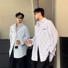2025新款菱形通勤百搭纯棉宽松蓝白条衬衫男女宽松上衣CS90-P58，男装衬衫，电商C307