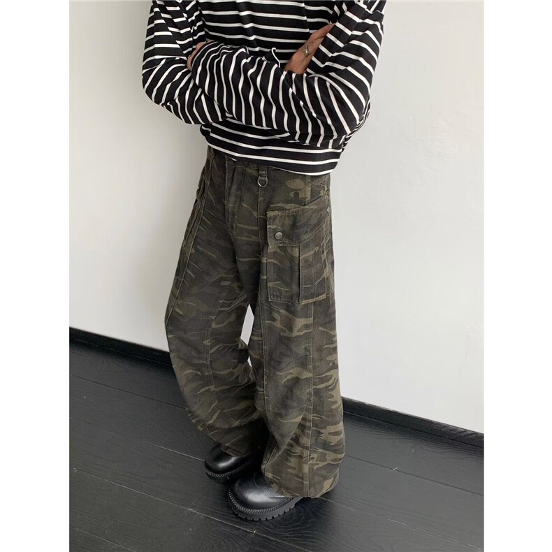 美式高街迷彩牛仔工装裤男夏季新款复古宽松阔腿显瘦直筒休闲裤子,男装工装外套,星座813-2