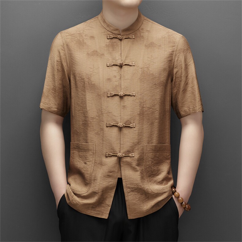 中山装男士短袖衬衫夏季中老年唐装衬衣爸爸装结婚礼服套装P108，男装衬衫，钱塘6003B