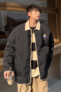 1港风灯芯绒拼接连帽假两件大码M-5XL小熊棉衣男8713P135控168图片