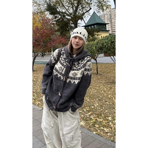 重磅秋冬北极绒开衫毛衣美式复古休闲慵懒风牛角扣针织衫连帽外套图片