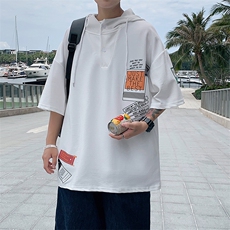 LD54121-P45连帽短袖t恤男大码胖子带帽五分袖中袖，男装T恤，电商A040