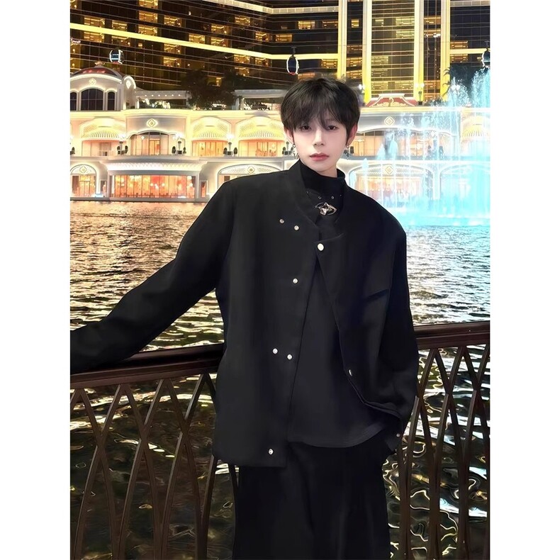 新中式黑色廓形西服夹克男春秋季潮痞帅小众宽松西装外套-XY350,男装西服,星座601-1