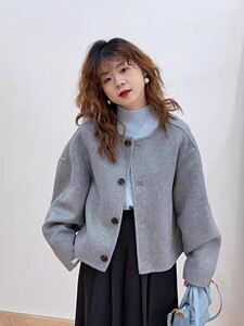 高品质韩系圆领单排扣短款双面羊绒大衣外套,女装羊绒大衣,依嘟服饰