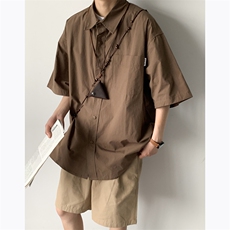 2024夏季新款日系复古工装短袖衬衫男潮牌纯色衬衣现货W8170-P26，男装衬衫，星座512-4
