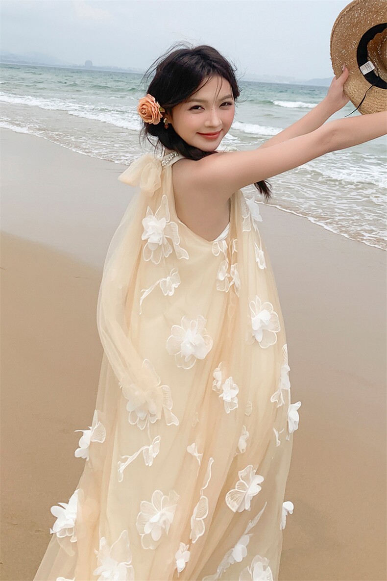 新品法式重工立体花挂脖连衣裙2599-P135-K208,女装连衣裙,2C159