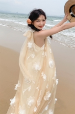 新品法式重工立体花挂脖连衣裙2599-P135-K208，女装连衣裙，2C159