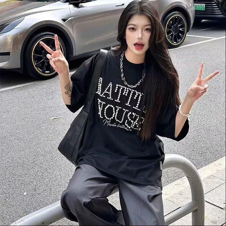 夏季质感立体珍珠字母刺绣T恤男中性美式复古百搭宽松上衣TK09,男装T恤,星座1116A（原606A-3）