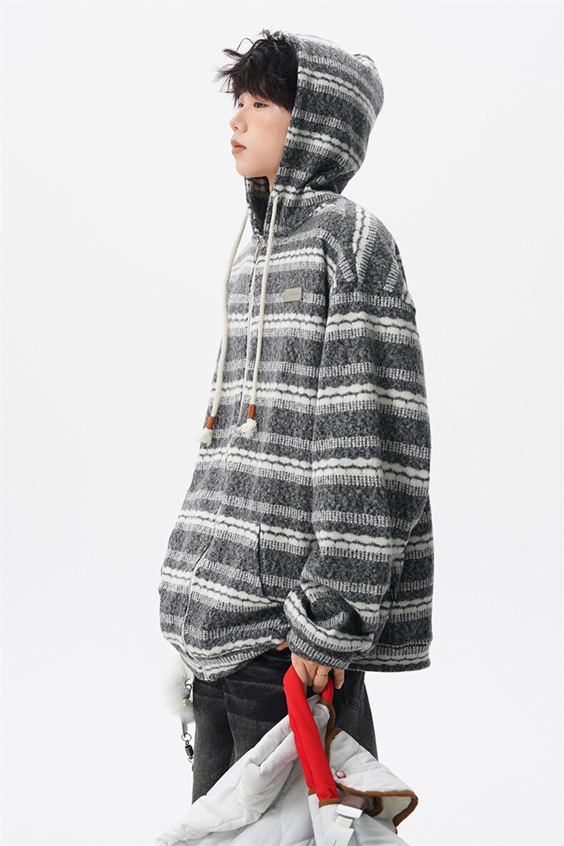 8XL-M潮情侣美式磨毛编织条纹针织衫卫衣宽松拉链外套WY30P88,男装针织衫/毛衣,电商D206-1