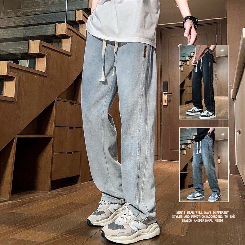 高品质夏款男牛仔裤拼接宽松贴标直筒休闲长裤NK972P38,男装牛仔裤,星座1013-1