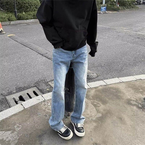 夏季新款美式牛仔裤男高街复古vibe修身直筒闪电纹微喇裤 NY9269图片