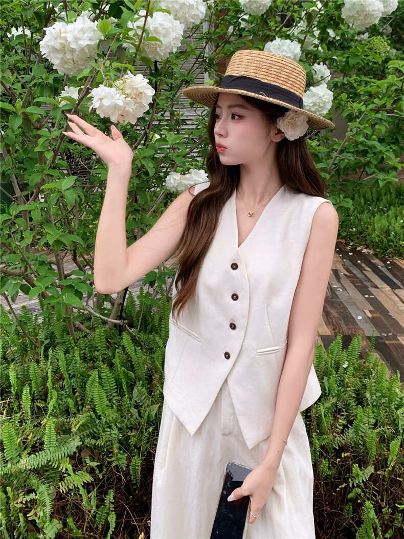 老钱风亚麻西装马甲阔腿两件套女2026新款夏季薄款透气高级感套装,女装套装/套裙,艾米莉亚