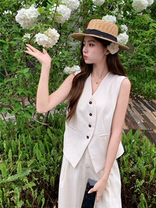 老钱风亚麻西装马甲阔腿两件套女2026新款夏季薄款透气高级感套装图片