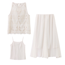 DLM8662法式温柔风蕾丝镂空无袖背心半身裙两件套女气质高级套装，女装套装/套裙，朵莱米