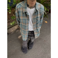 美式复古毛边蓝色格子衬衫男街头高级感春秋潮牌C274-P40，男装衬衫，星座1109-4