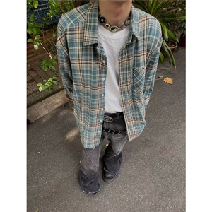 美式复古毛边蓝色格子衬衫男街头高级感春秋潮牌C274-P40图片