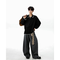 美式简约翻领亨利领百搭设计麦穗纹手缝线polo衫长袖卫衣WY02TP40，男装Polo衫，电商B318