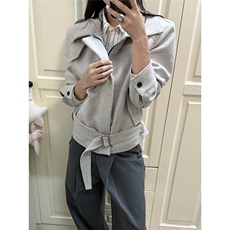 网图9926毛呢双层绑带外套浅灰色M到2XL，女装短外套，星座1210-1