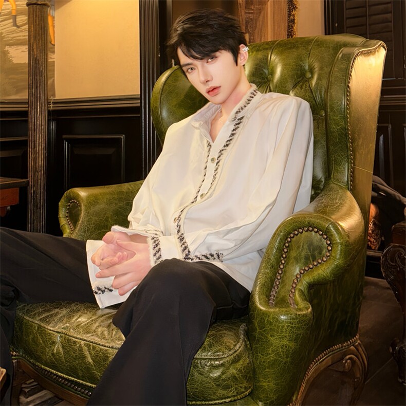 （）小众重工小香风镶边袖口铁链立领男抗皱衬衫5006-P108,男装衬衫,星座910-5