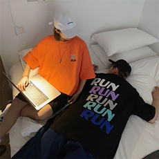 RUN印花宽松半袖中性情侣短袖T恤D071/P43(低48），男装T恤，星座1506-1