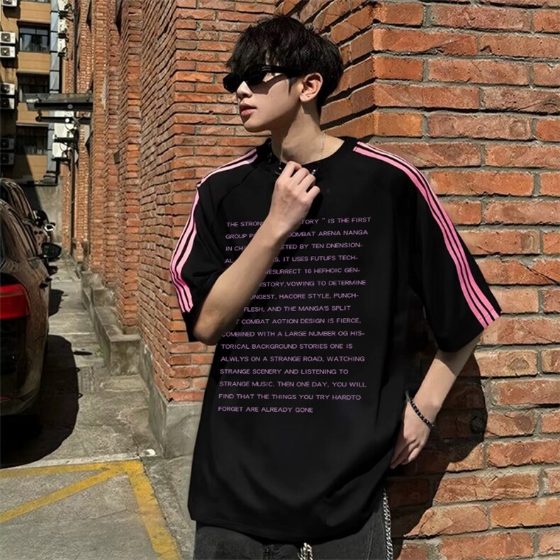 抖音得物品质二开240克宽松纯棉美式潮牌印花三条杠中性风短袖T恤,男装T恤,电商A486-1