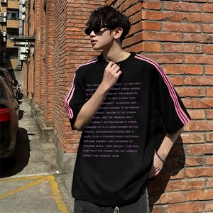 抖音得物品质二开240克宽松纯棉美式潮牌印花三条杠中性风短袖T恤图片