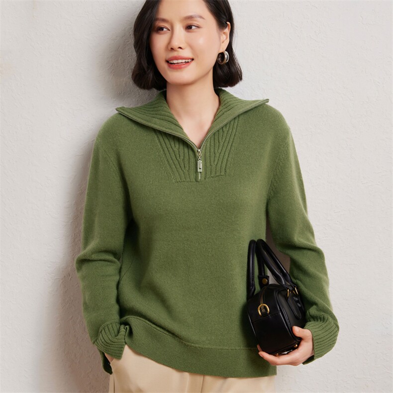 优雅女士半开拉链立领羊绒套衫 舒适保暖 时尚百搭图片