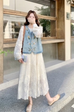 蕾丝提花连衣裙＋绣花牛仔马甲2C198-6302-P185K278，女装套装/套裙，2C198