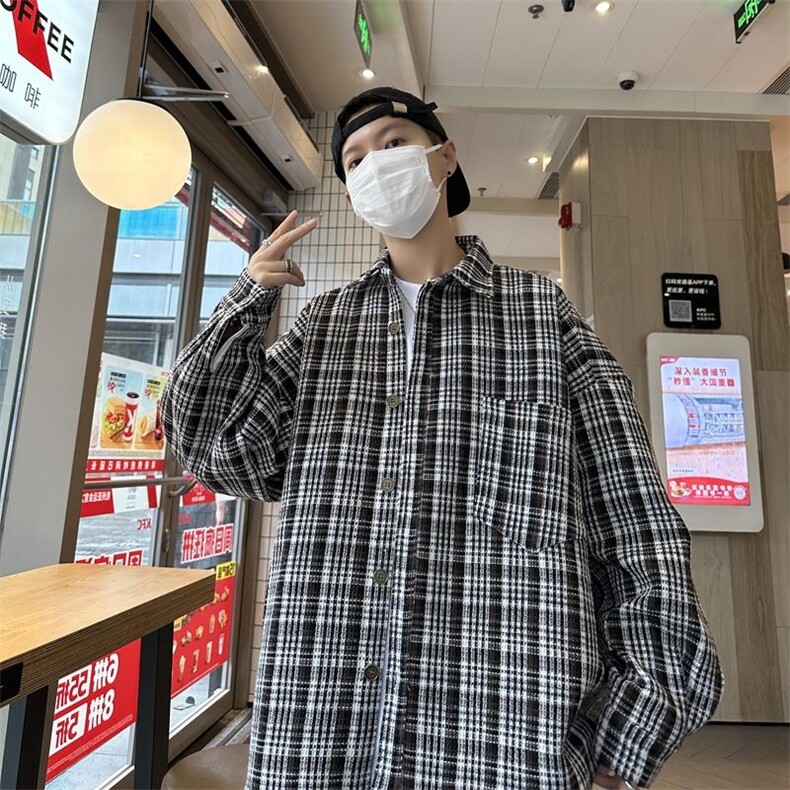 24秋冬日系潮牌加厚格子衬衫复古长袖衬衣外套中性风H223/P50,男装衬衫,钱塘713