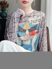 2025舒适百搭简约秋冬新款壁画猫长袖，女装针织衫/毛衣，羊特美羊绒