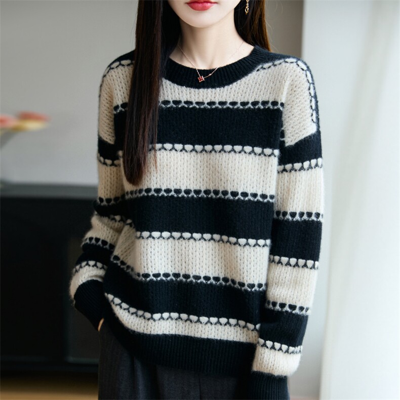 条纹100纯羊毛毛衣女2025新宽松外穿慵懒风加厚针织打底内搭上衣,女装羊毛衫,昭美羊绒