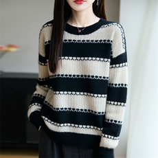 条纹100纯羊毛毛衣女2025新宽松外穿慵懒风加厚针织打底内搭上衣，女装羊毛衫，昭美羊绒