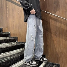 牛仔裤男春秋潮牌贴布直筒裤美式嘻哈街头阔腿长裤子NK548，男装牛仔裤，星座1116A-1（原606A）