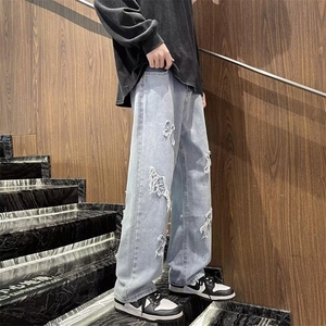 牛仔裤男春秋潮牌贴布直筒裤美式嘻哈街头阔腿长裤子 NK548图片