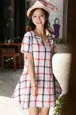 格子甜美V领A字裙2025年夏季短袖中长款棉休闲连衣裙，女装连衣裙，风姿绰