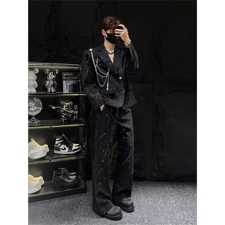 泼墨设计黑色休闲西装英伦雅痞男装宽松西服潮W6902-P75,男装西服套装,星座412-3