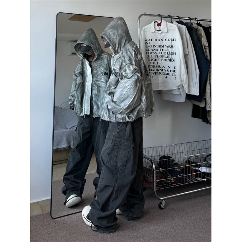 原宿ins流行慵懒新款潮流文艺设计师美式做旧连帽棉服MF297-P156，男装棉衣，星座412-2