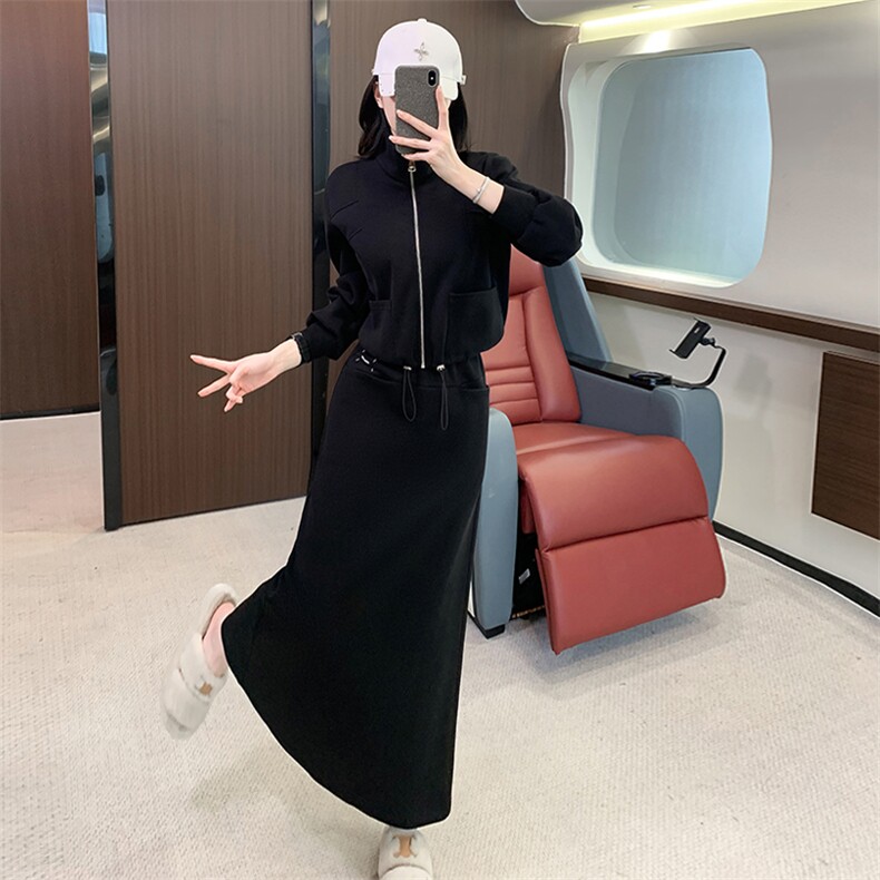 女秋季新款立领开衫外套开叉半身裙两件套,女装套装/套裙,江南