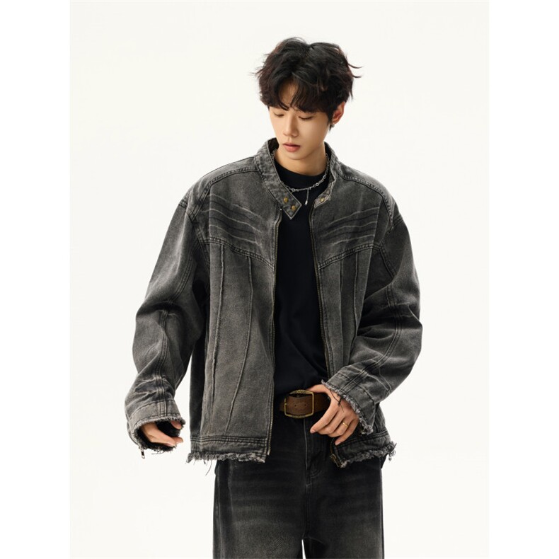 复古水洗做旧拼接牛仔夹克春秋季潮宽松立领设计外套，男装夹克，星座410-6（原星座1304-1）
